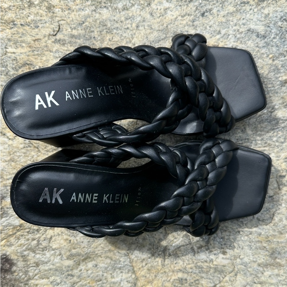 Anne Klein Black High Heel Braided Slip On Sandals